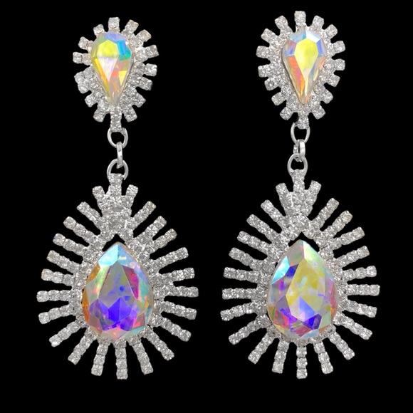 AB Iridescent Rhinestones Unique Teardrop Burst Formal Post Drop Earrings - Picture 1 of 3
